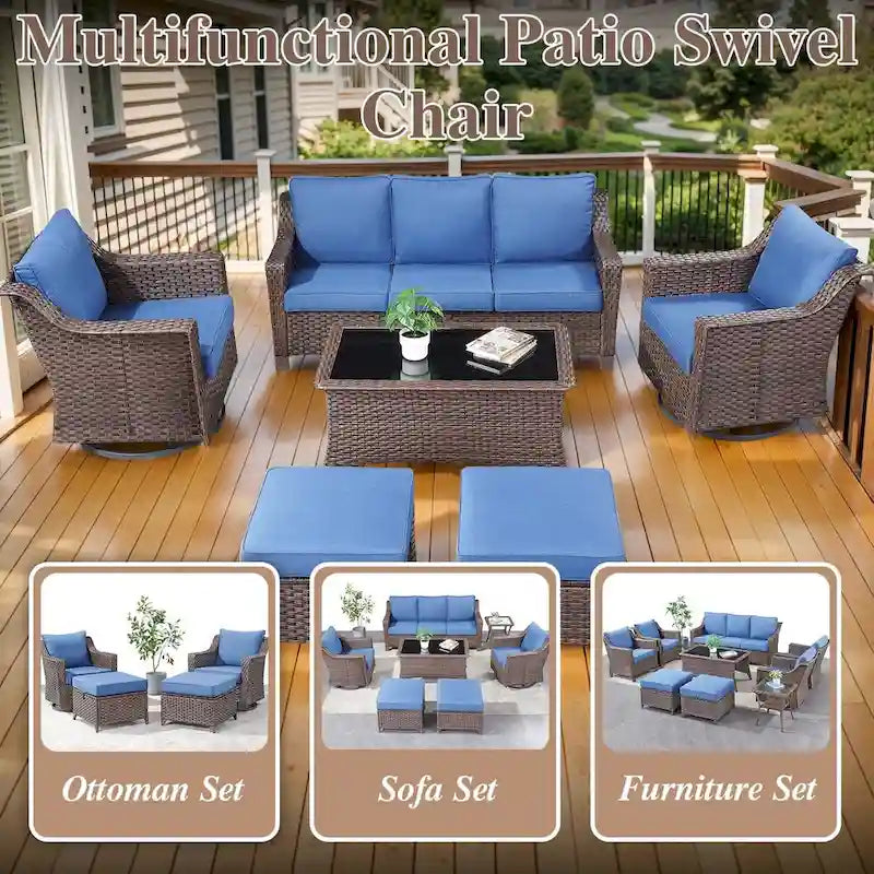 Ensembles de bistrot de patio en osier rotatifs à 360° avec coussin moelleux - Marron