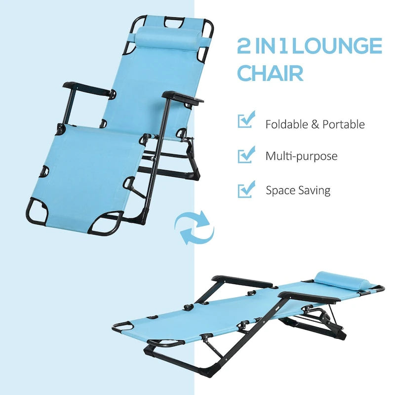 Chaise longue pliante pour l'extérieur, chaise de bronzage 2 en 1 avec oreiller et poche, chaise de piscine réglable pour patio