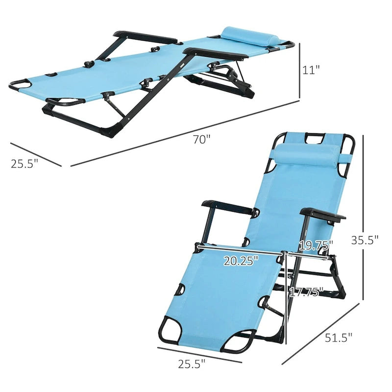 Chaise longue pliante pour l'extérieur, chaise de bronzage 2 en 1 avec oreiller et poche, chaise de piscine réglable pour patio