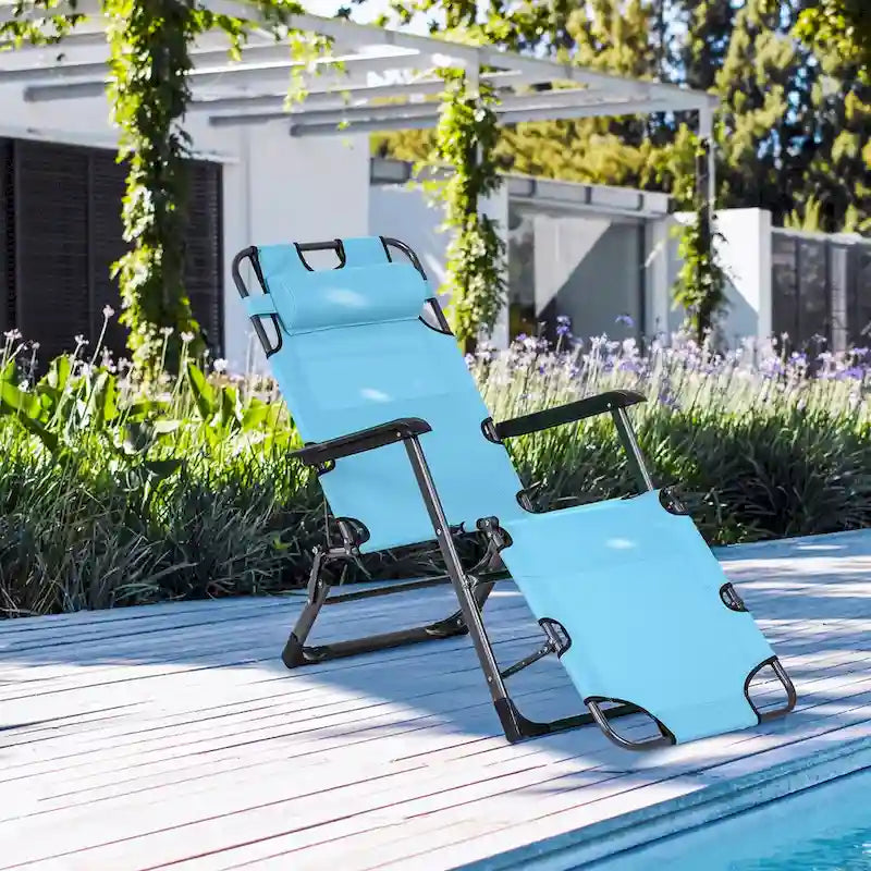 Chaise longue pliante pour l'extérieur, chaise de bronzage 2 en 1 avec oreiller et poche, chaise de piscine réglable pour patio