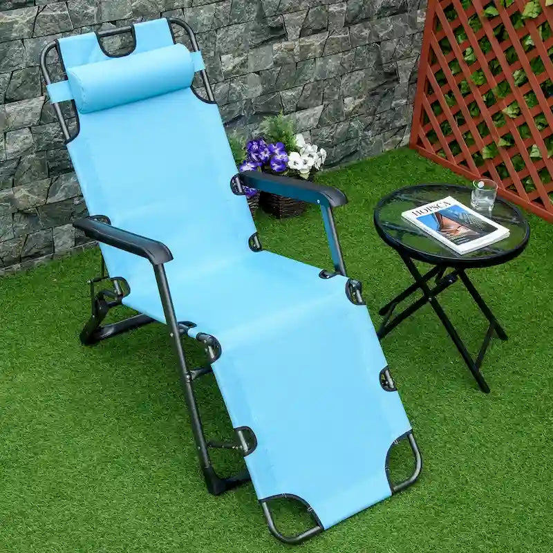 Chaise longue pliante pour l'extérieur, chaise de bronzage 2 en 1 avec oreiller et poche, chaise de piscine réglable pour patio