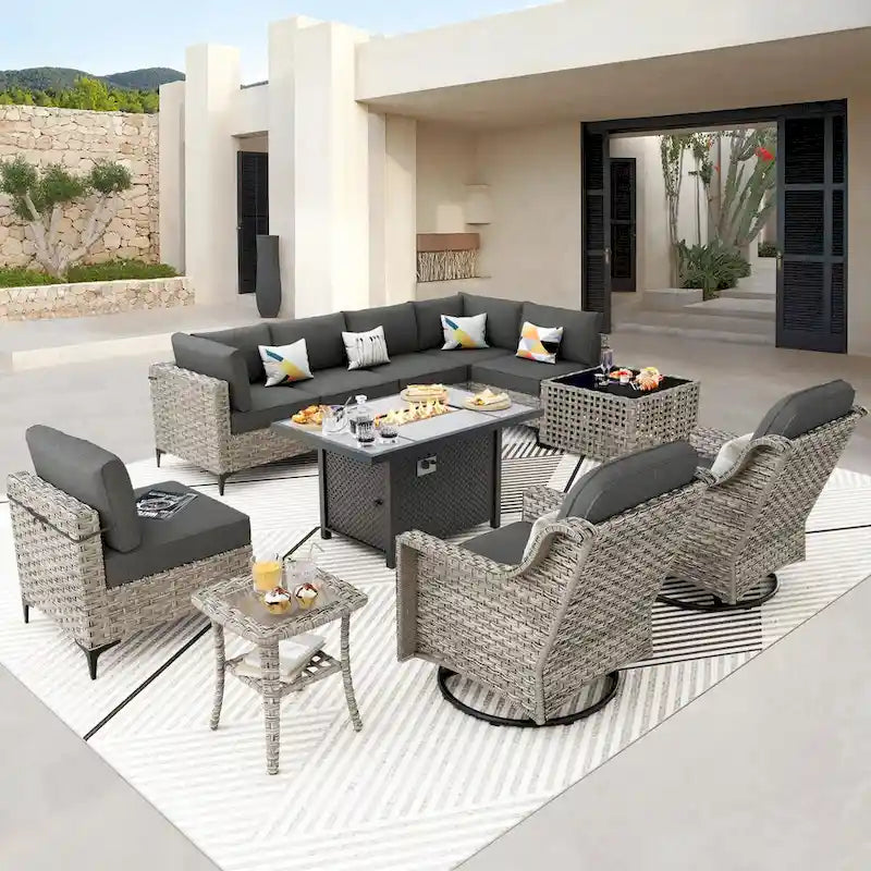 OVIOS 11 Pieces Outdoor Wicker Swivel Chair Set With Solar-Powered Coffee Table&Fire Pit