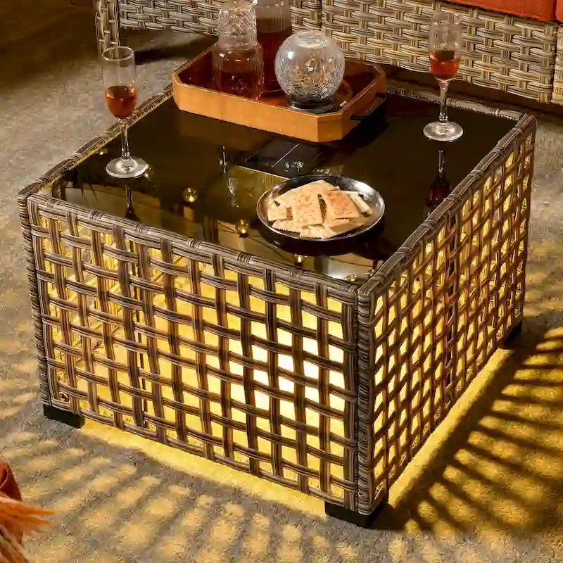 OVIOS Ensemble de 11 Fauteuils Pivotants d'Extérieur en Osier avec Table Basse à Énergie Solaire et Foyer