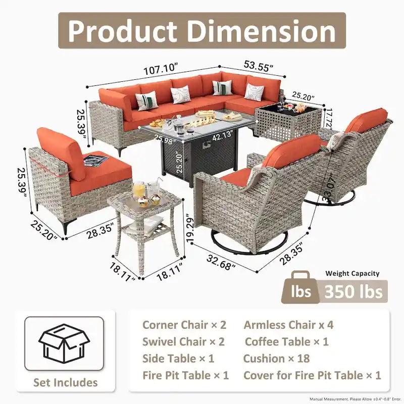 OVIOS Ensemble de 11 Fauteuils Pivotants d'Extérieur en Osier avec Table Basse à Énergie Solaire et Foyer