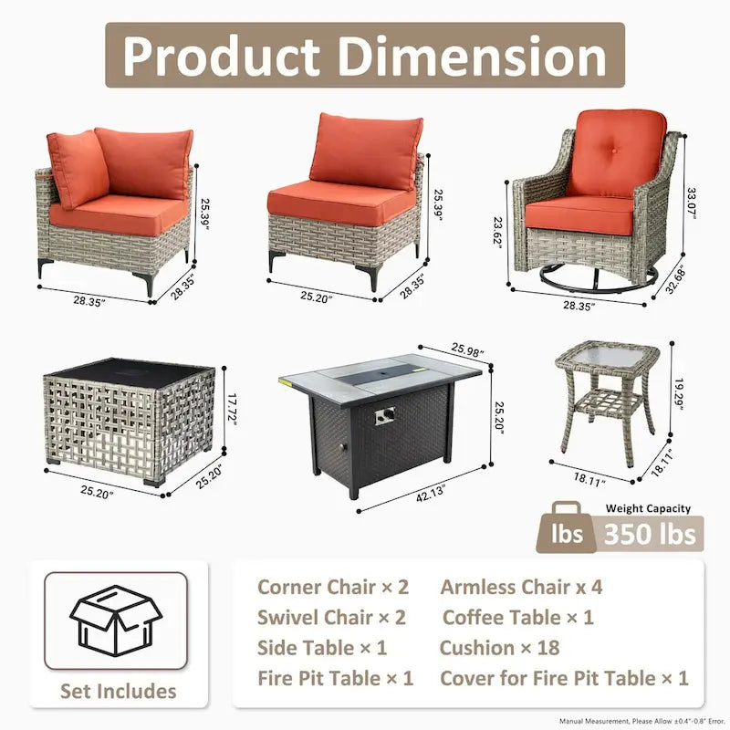 OVIOS Ensemble de 11 Fauteuils Pivotants d'Extérieur en Osier avec Table Basse à Énergie Solaire et Foyer