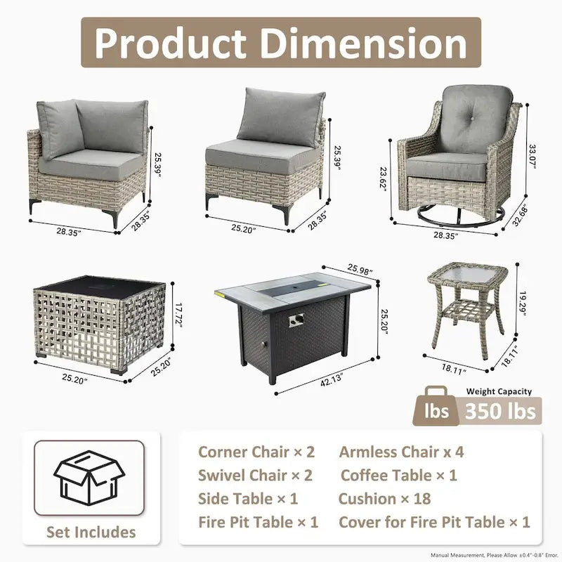 OVIOS Ensemble de 11 Fauteuils Pivotants d'Extérieur en Osier avec Table Basse à Énergie Solaire et Foyer