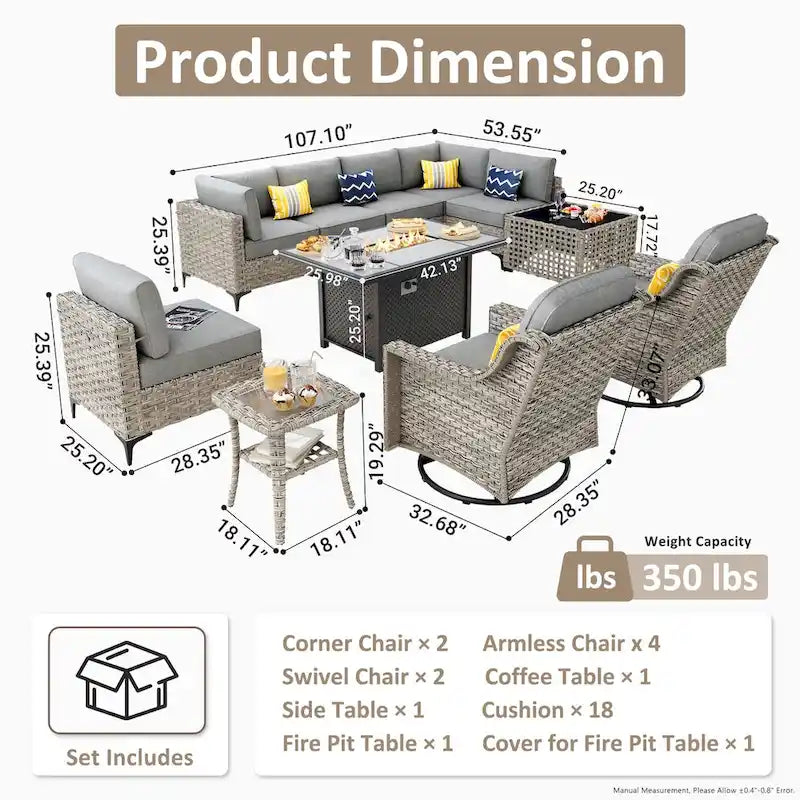OVIOS Ensemble de 11 Fauteuils Pivotants d'Extérieur en Osier avec Table Basse à Énergie Solaire et Foyer