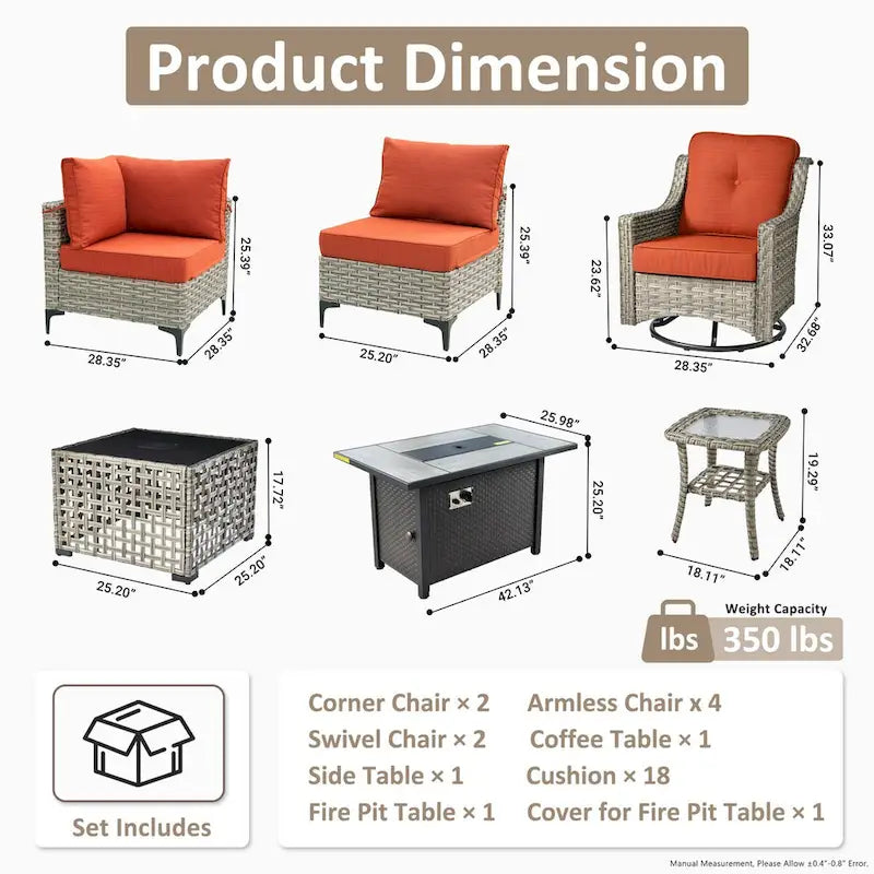 OVIOS Ensemble de 11 Fauteuils Pivotants d'Extérieur en Osier avec Table Basse à Énergie Solaire et Foyer