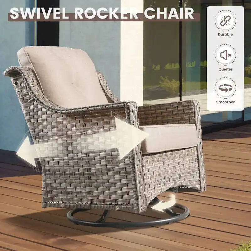OVIOS Ensemble de 11 Fauteuils Pivotants d'Extérieur en Osier avec Table Basse à Énergie Solaire et Foyer