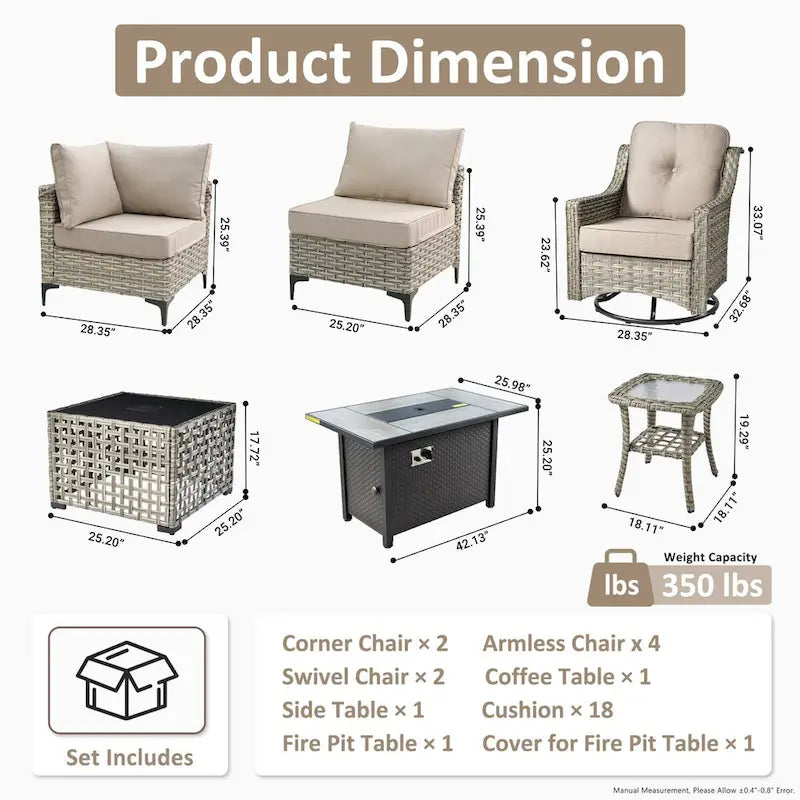 OVIOS Ensemble de 11 Fauteuils Pivotants d'Extérieur en Osier avec Table Basse à Énergie Solaire et Foyer