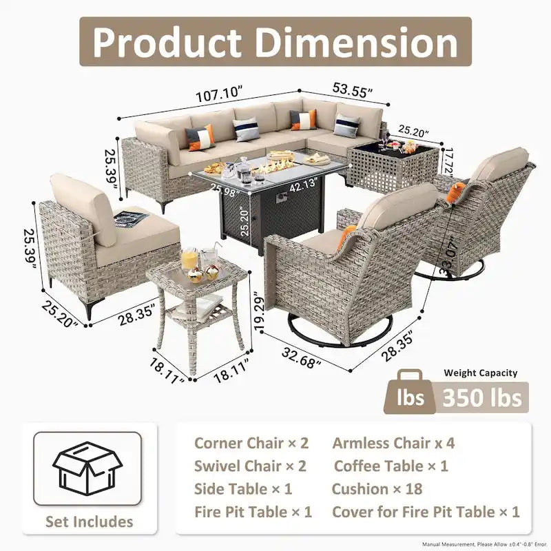 OVIOS Ensemble de 11 Fauteuils Pivotants d'Extérieur en Osier avec Table Basse à Énergie Solaire et Foyer