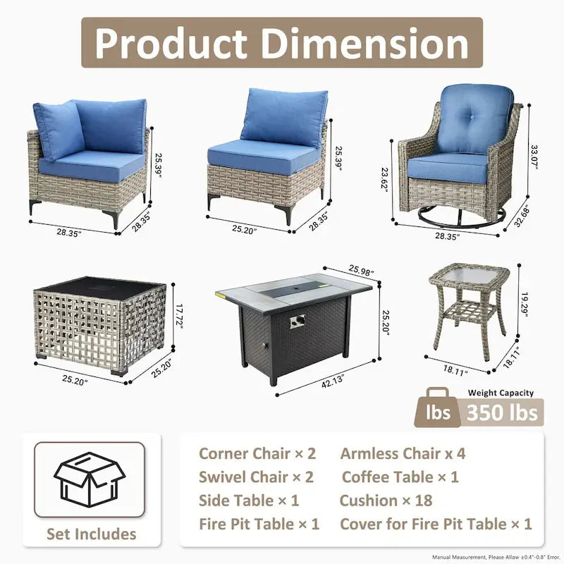 OVIOS Ensemble de 11 Fauteuils Pivotants d'Extérieur en Osier avec Table Basse à Énergie Solaire et Foyer
