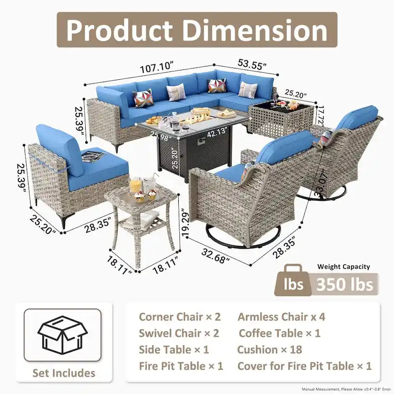OVIOS Ensemble de 11 Fauteuils Pivotants d'Extérieur en Osier avec Table Basse à Énergie Solaire et Foyer