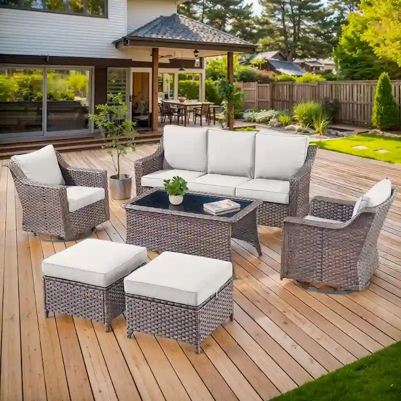 Ensemble de 6 pièces en osier avec canapé, fauteuil à bascule, pouf, table - Marron