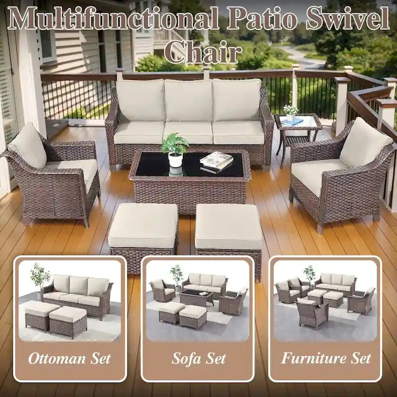 Ensemble de 6 pièces en osier avec canapé, fauteuil à bascule, pouf, table - Marron