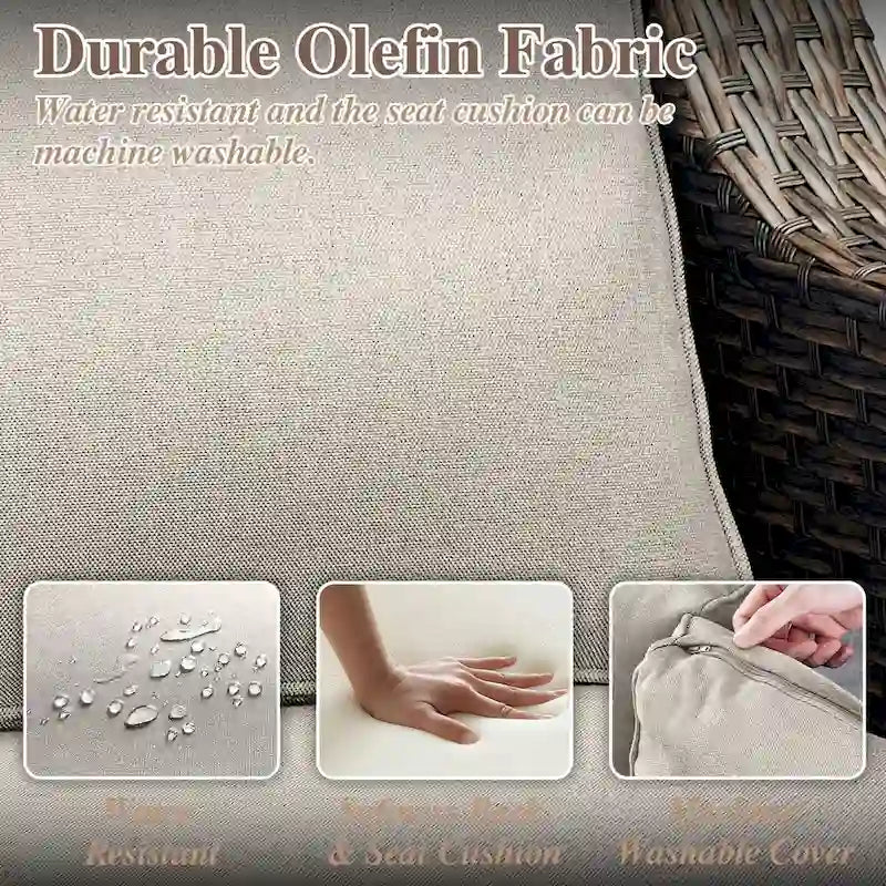 Ensemble de 6 pièces en osier avec canapé, fauteuil à bascule, pouf, table - Marron