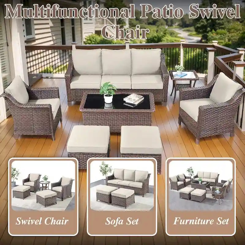 Ensemble de 6 pièces en osier avec canapé, fauteuil à bascule, pouf, table - Marron