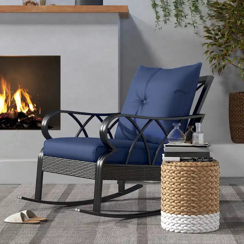 Outdoor Wicker Rocking Chair, with Padded Cushions & Armrest
