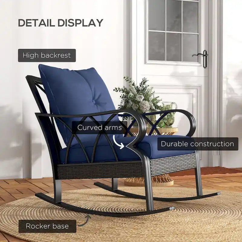 Chaise berçante d'extérieur en osier, avec coussins rembourrés et accoudoirs