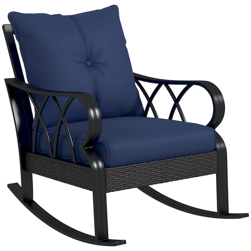 Chaise berçante d'extérieur en osier, avec coussins rembourrés et accoudoirs