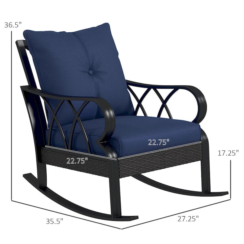 Chaise berçante d'extérieur en osier, avec coussins rembourrés et accoudoirs