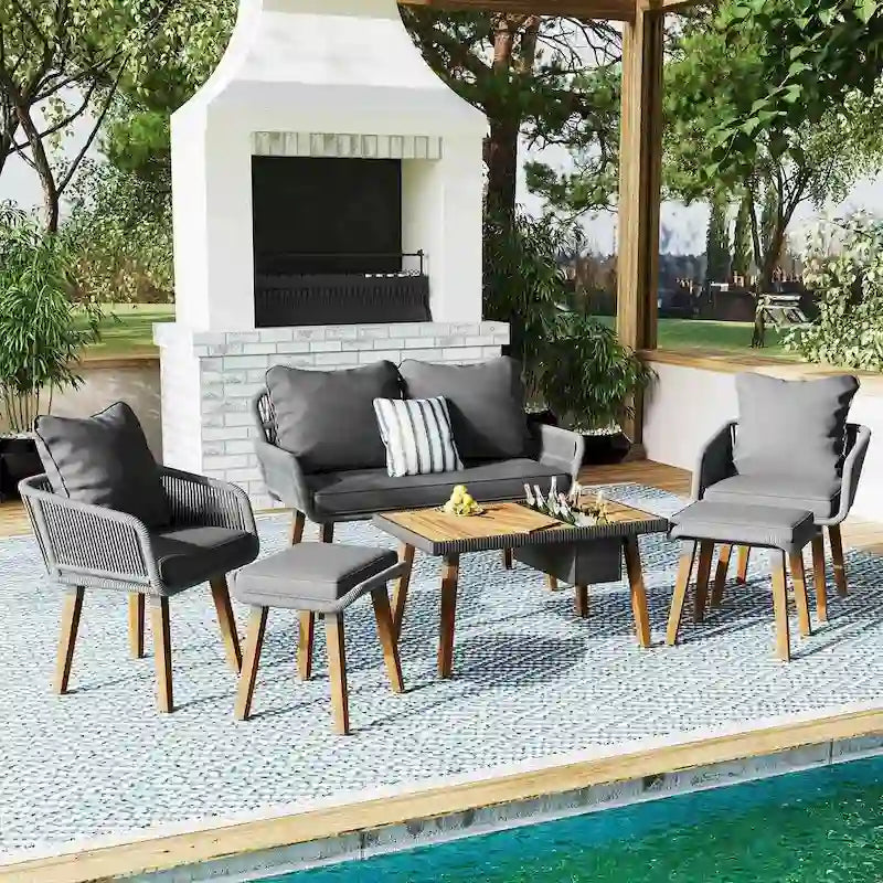 Ensemble de meubles de patio d'extérieur en corde de 6 pièces pour 6 avec deux tabourets, combinaison de table de bar réfrigérante