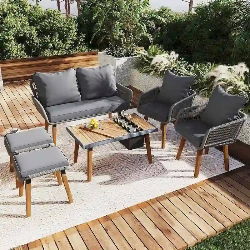 Ensemble de meubles de patio d'extérieur en corde de 6 pièces pour 6 avec deux tabourets, combinaison de table de bar réfrigérante