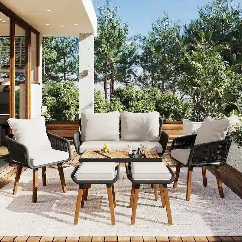 Ensemble de meubles de patio d'extérieur en corde de 6 pièces pour 6 avec deux tabourets, combinaison de table de bar réfrigérante
