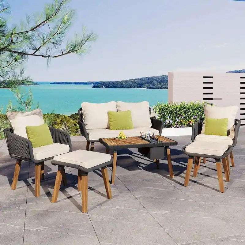 Ensemble de meubles de patio d'extérieur en corde de 6 pièces pour 6 avec deux tabourets, combinaison de table de bar réfrigérante