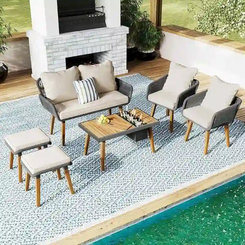 Ensemble de meubles de patio d'extérieur en corde de 6 pièces pour 6 avec deux tabourets, combinaison de table de bar réfrigérante