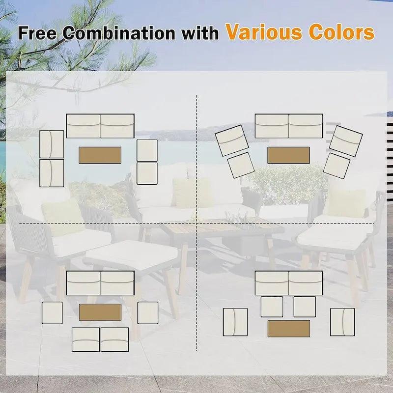 Ensemble de meubles de patio d'extérieur en corde de 6 pièces pour 6 avec deux tabourets, combinaison de table de bar réfrigérante