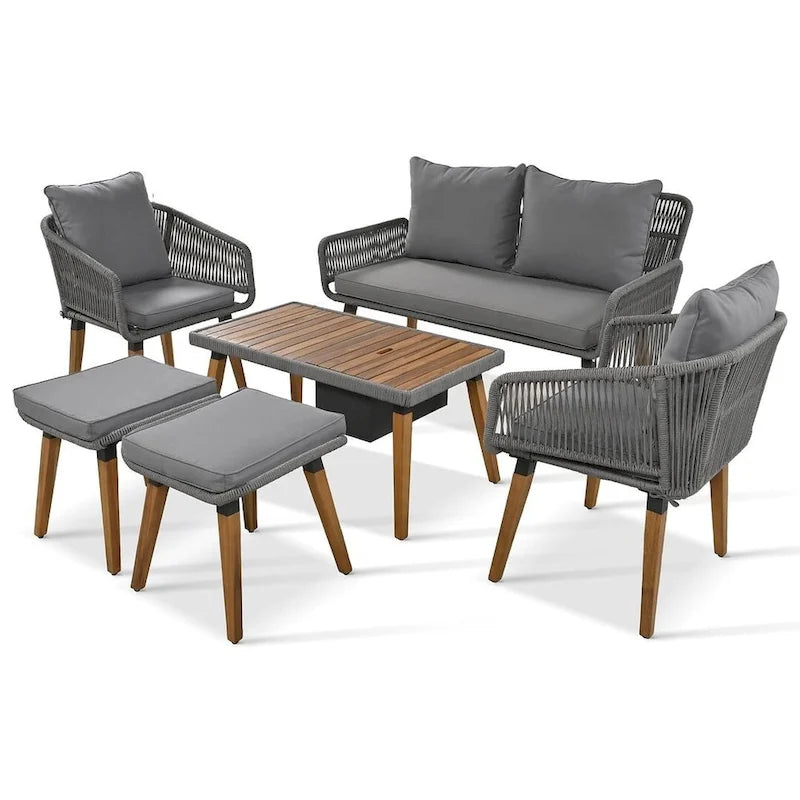 Ensemble de meubles de patio d'extérieur en corde de 6 pièces pour 6 avec deux tabourets, combinaison de table de bar réfrigérante