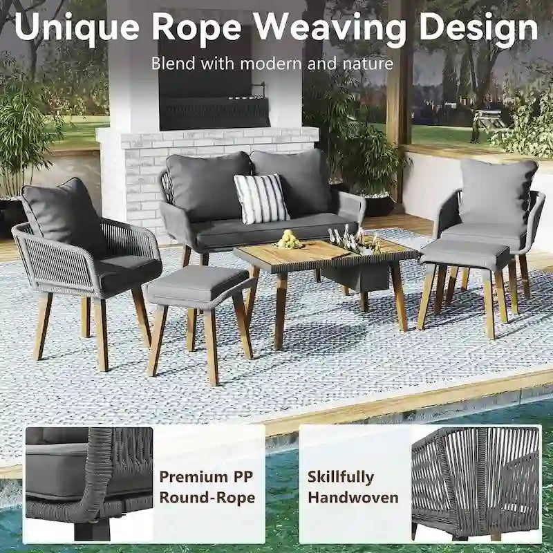 Ensemble de meubles de patio d'extérieur en corde de 6 pièces pour 6 avec deux tabourets, combinaison de table de bar réfrigérante