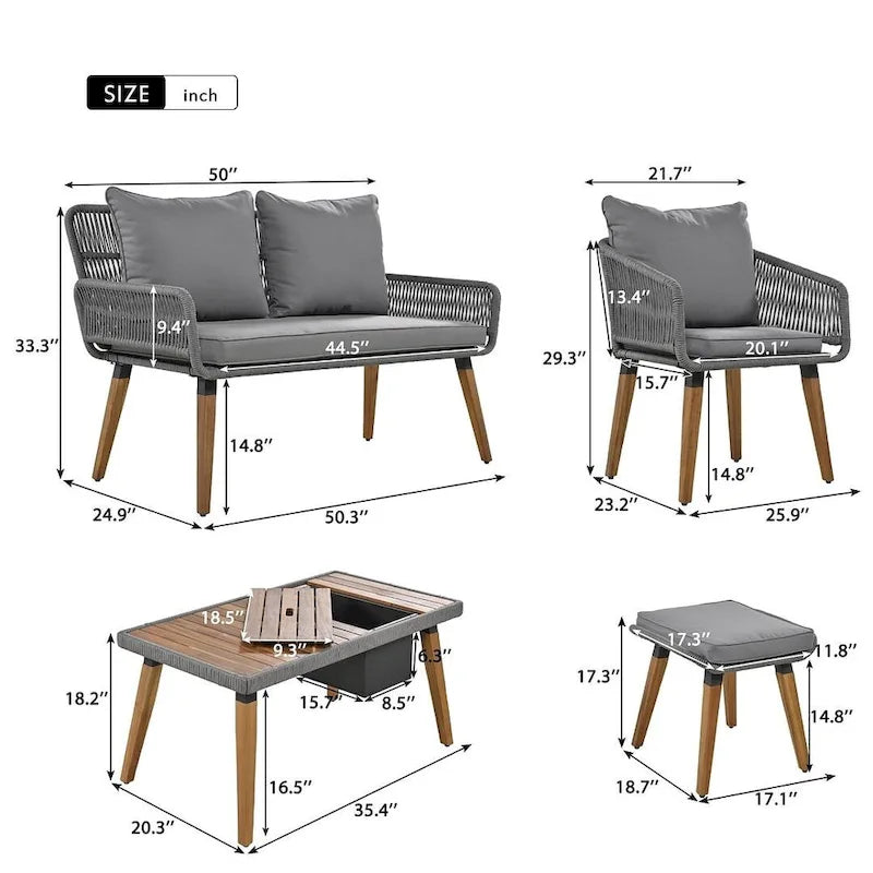 Ensemble de meubles de patio d'extérieur en corde de 6 pièces pour 6 avec deux tabourets, combinaison de table de bar réfrigérante