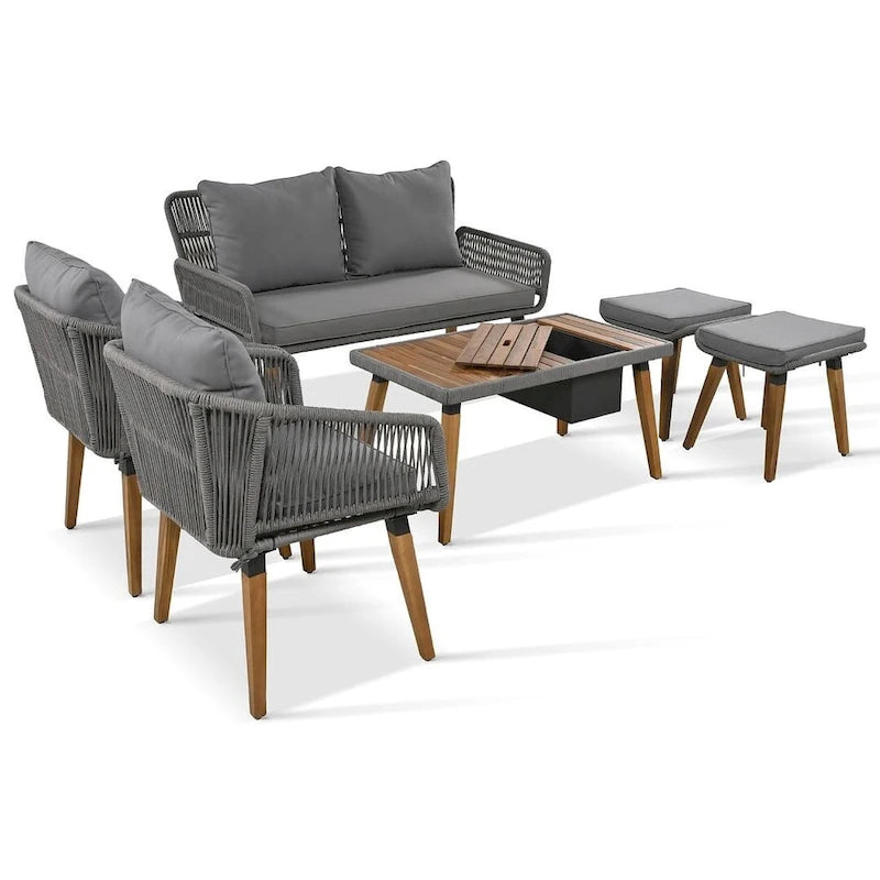 Ensemble de meubles de patio d'extérieur en corde de 6 pièces pour 6 avec deux tabourets, combinaison de table de bar réfrigérante