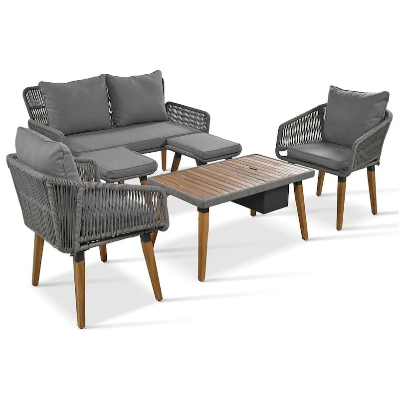 Ensemble de meubles de patio d'extérieur en corde de 6 pièces pour 6 avec deux tabourets, combinaison de table de bar réfrigérante