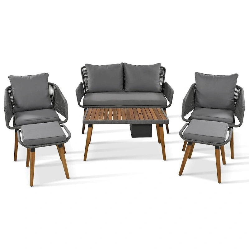 Ensemble de meubles de patio d'extérieur en corde de 6 pièces pour 6 avec deux tabourets, combinaison de table de bar réfrigérante