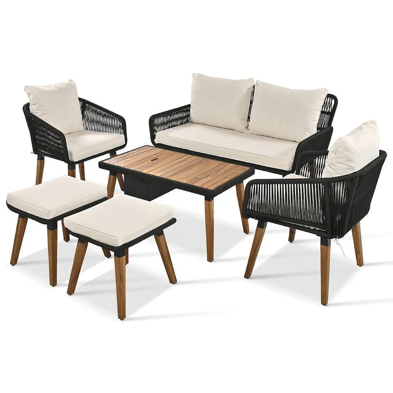 Ensemble de meubles de patio d'extérieur en corde de 6 pièces pour 6 avec deux tabourets, combinaison de table de bar réfrigérante