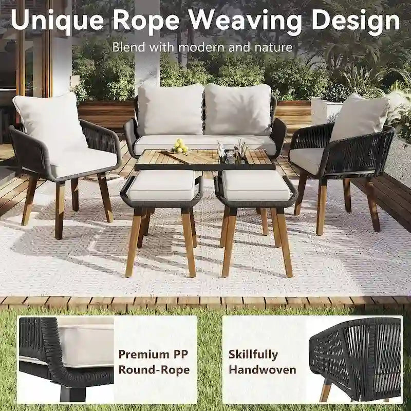 Ensemble de meubles de patio d'extérieur en corde de 6 pièces pour 6 avec deux tabourets, combinaison de table de bar réfrigérante