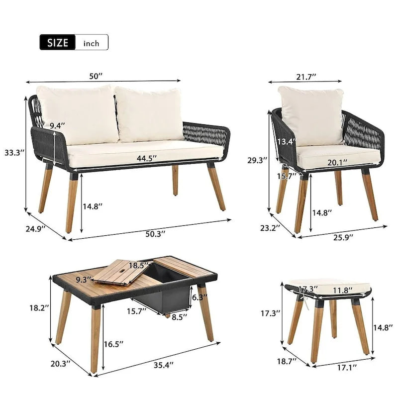 Ensemble de meubles de patio d'extérieur en corde de 6 pièces pour 6 avec deux tabourets, combinaison de table de bar réfrigérante