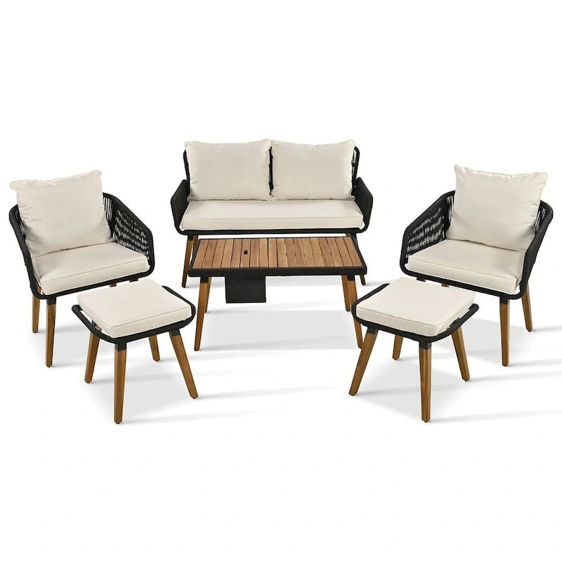 Ensemble de meubles de patio d'extérieur en corde de 6 pièces pour 6 avec deux tabourets, combinaison de table de bar réfrigérante