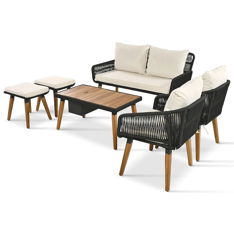 Ensemble de meubles de patio d'extérieur en corde de 6 pièces pour 6 avec deux tabourets, combinaison de table de bar réfrigérante