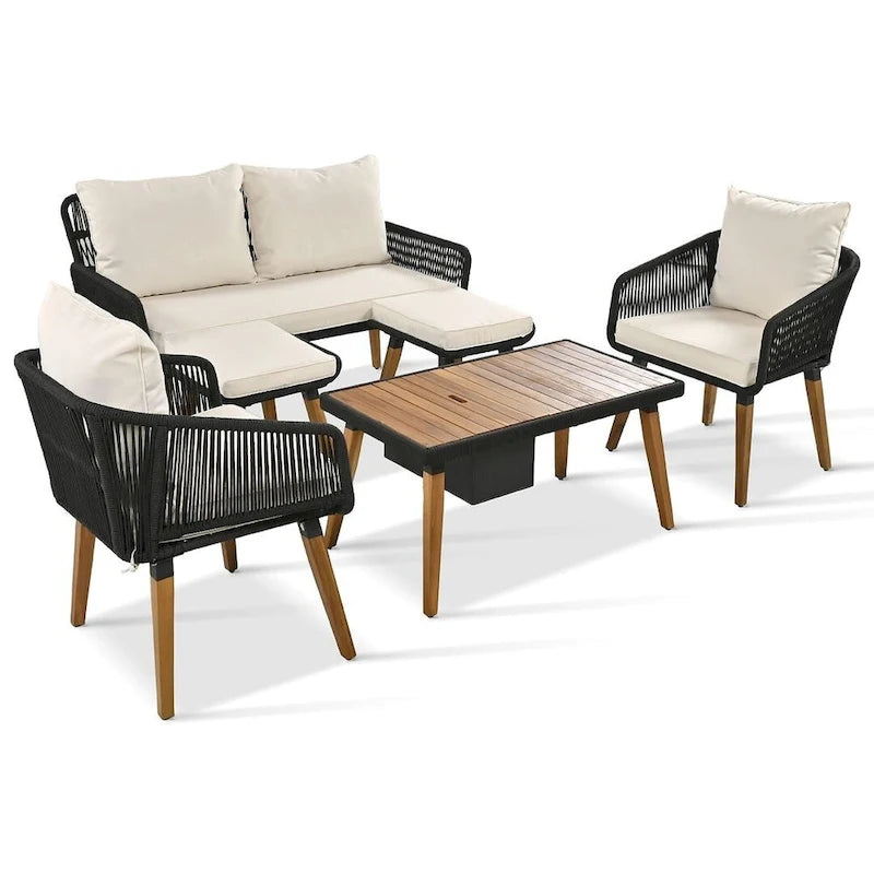 Ensemble de meubles de patio d'extérieur en corde de 6 pièces pour 6 avec deux tabourets, combinaison de table de bar réfrigérante