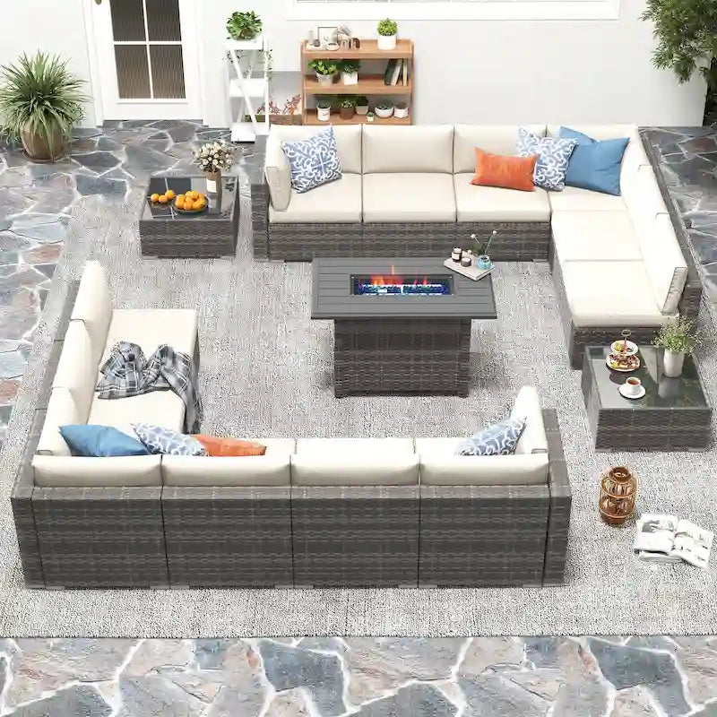 Ensemble de meubles de jardin en osier 15 pièces avec foyer et table