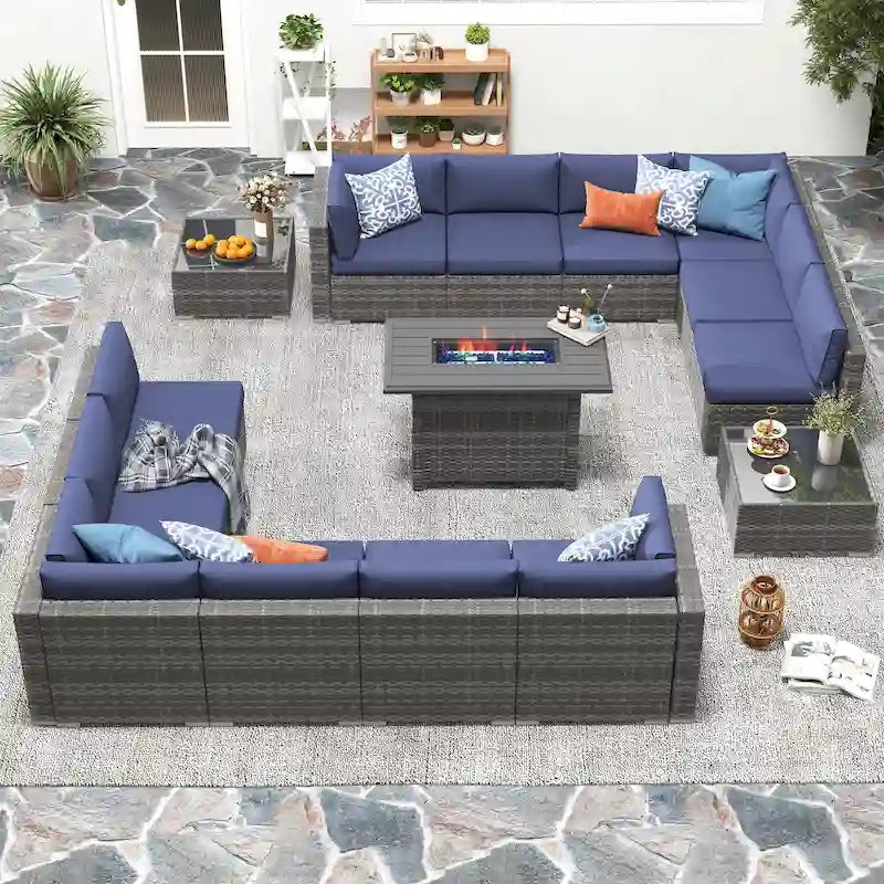 Ensemble de meubles de jardin en osier 15 pièces avec foyer et table