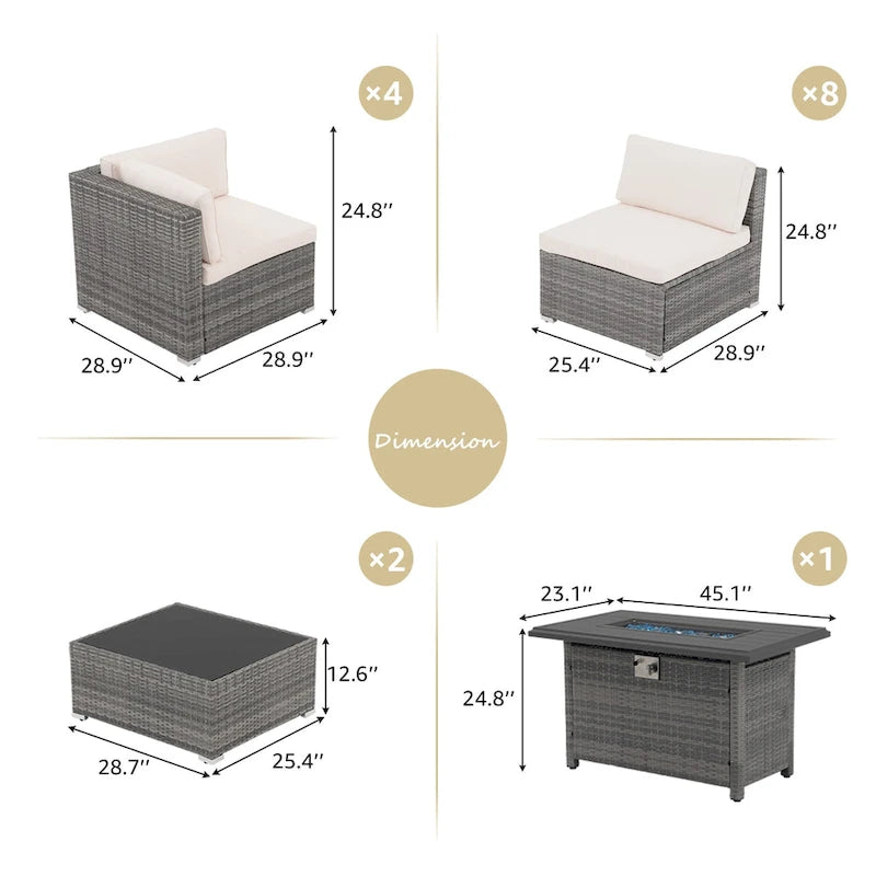 Ensemble de meubles de jardin en osier 15 pièces avec foyer et table
