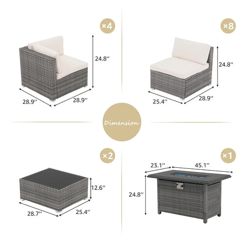Ensemble de meubles de jardin en osier 15 pièces avec foyer et table