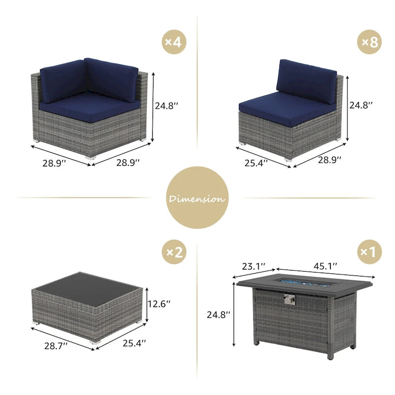 Ensemble de meubles de jardin en osier 15 pièces avec foyer et table