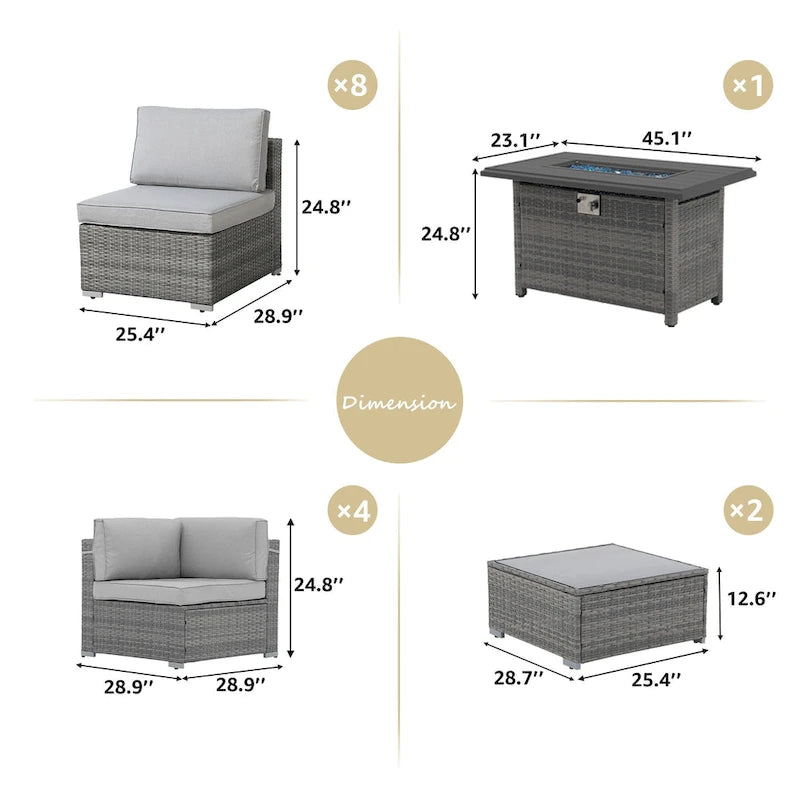 Ensemble de meubles de jardin en osier 15 pièces avec foyer et table