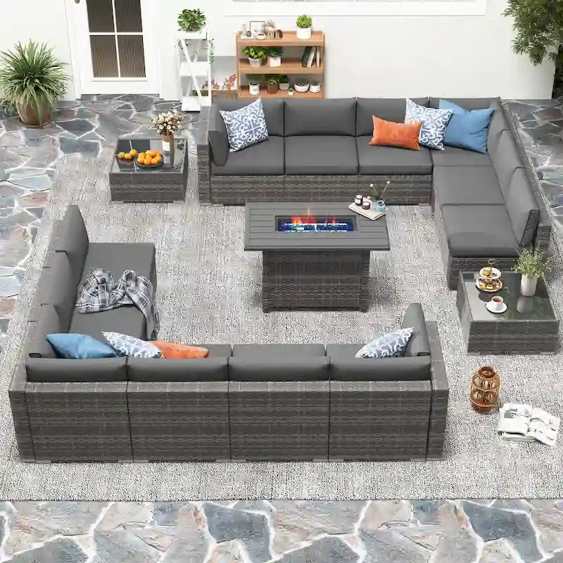 Ensemble de meubles de jardin en osier 15 pièces avec foyer et table